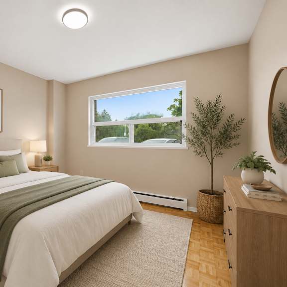 a bedroom with a large bed and a painting on the wall.