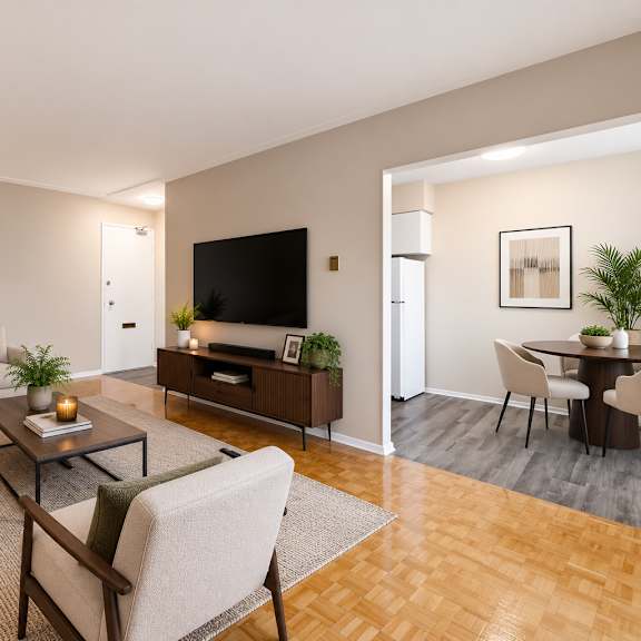 a living room with a couch, chair, and coffee table.