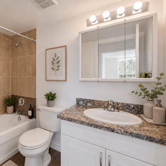 a bathroom with a white toilet, a bathtub, and a sink.