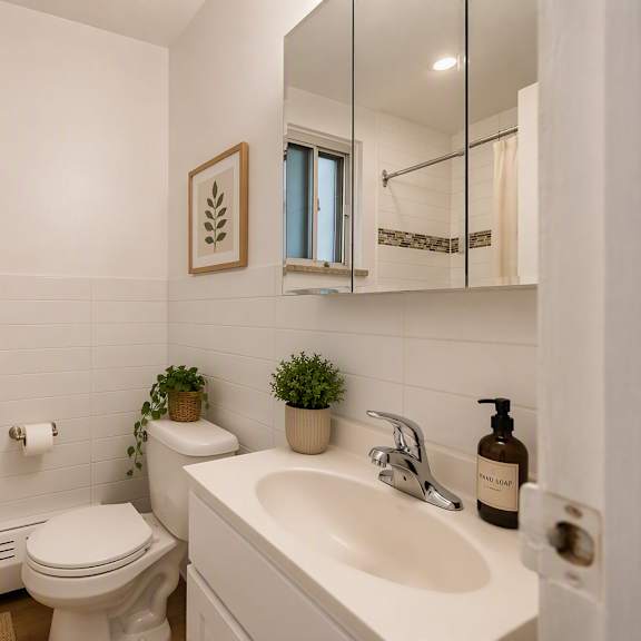 a white bathroom with a toilet, sink, and mirror.