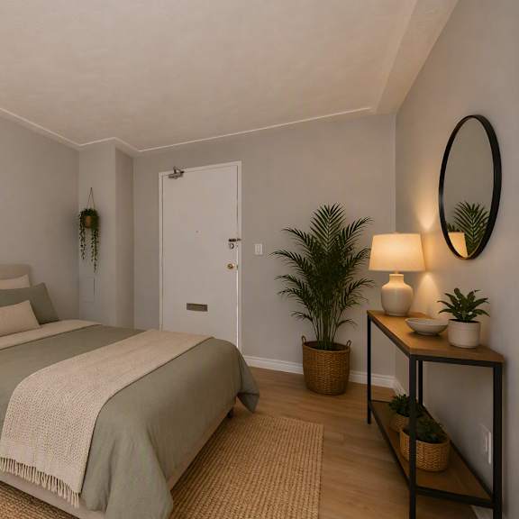 a bedroom with a bed, nightstands, and a painting on the wall.