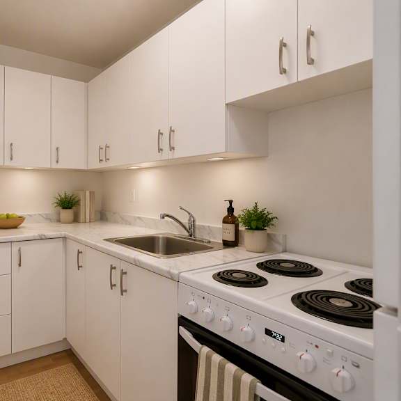 a white kitchen with a stove and sink.
