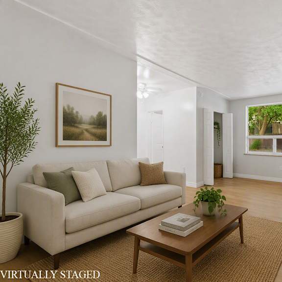 a living room with a couch, a coffee table, and a potted plant.