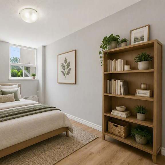 a bedroom with a bed, nightstand, and a bookshelf.