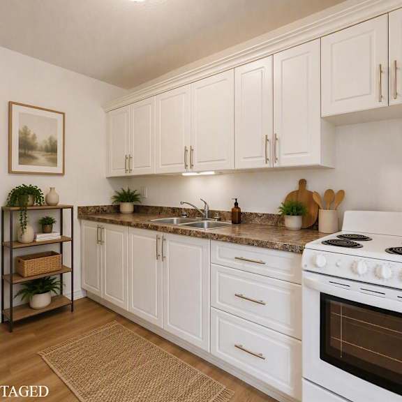 a kitchen with white cabinets and a white stove top oven.