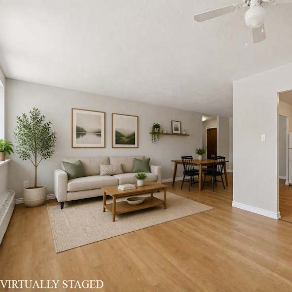 a living room with a couch, a table, and a plant.
