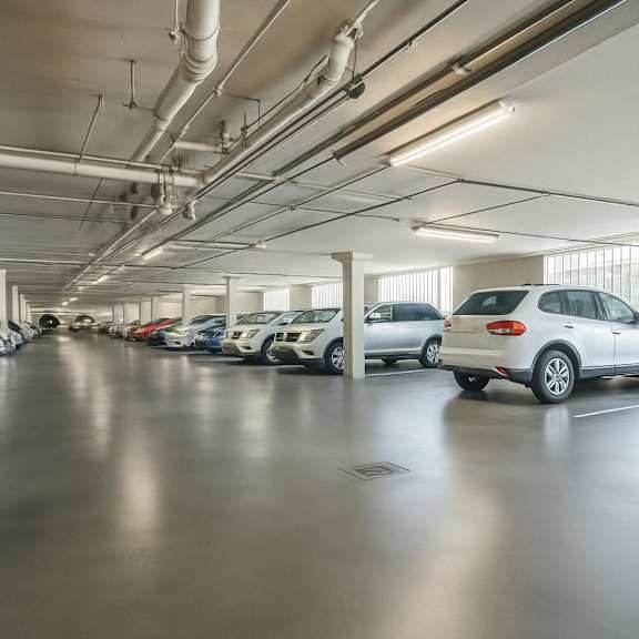 a parking garage with several cars parked at oak center apartments, oakland