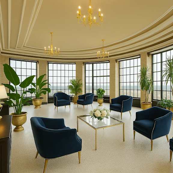 a large room with blue chairs and plants at mohican apartments, new london