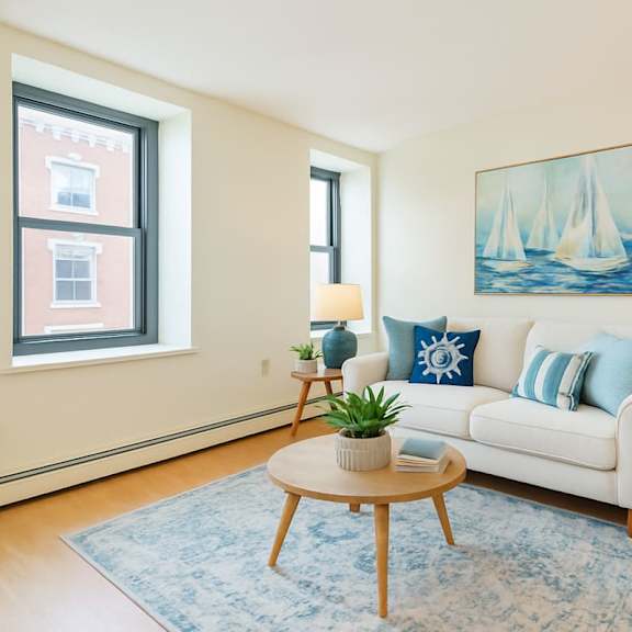 a living room with a white couch, blue pillows, a wooden coffee table, and a painting on the wall at mohican apartments, new london, connecticut