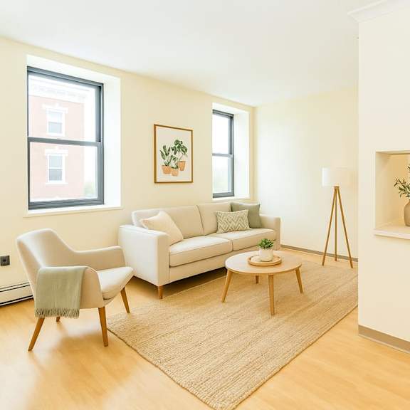 a living room with a white couch, a chair, a coffee table, and a shelf with various items at mohican apartments, connecticut