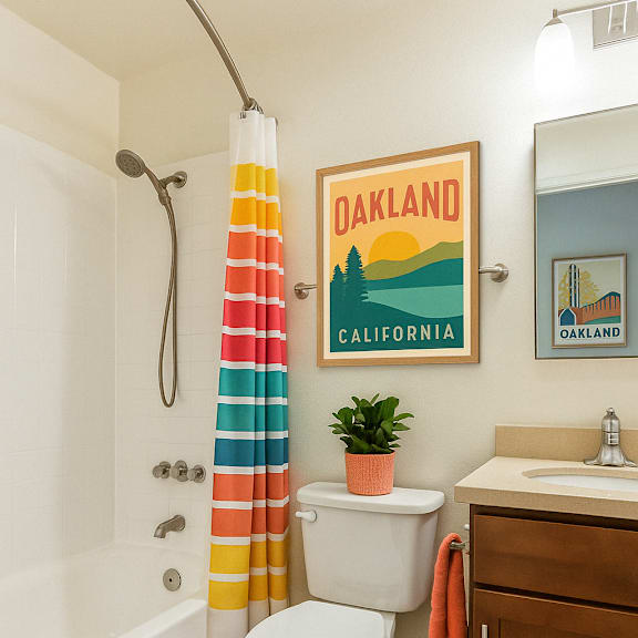 a bathroom with a toilet, sink, and a poster of oakland california.