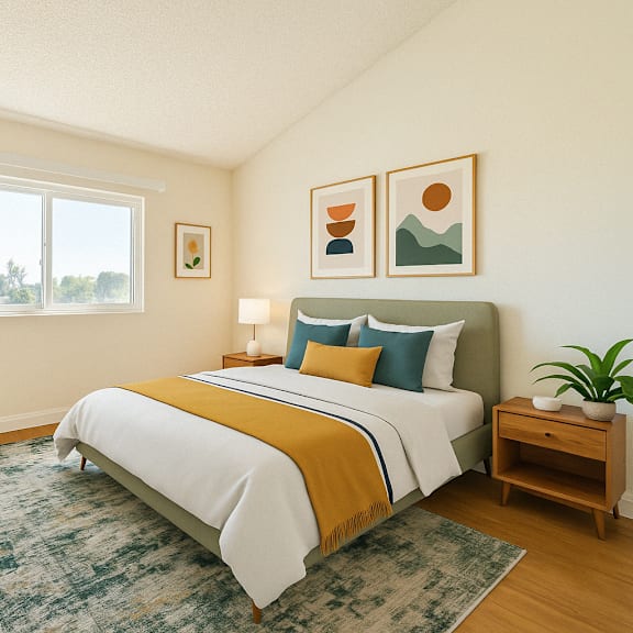 a bedroom with a bed, nightstand, and a plant at oak center apartments, oakland