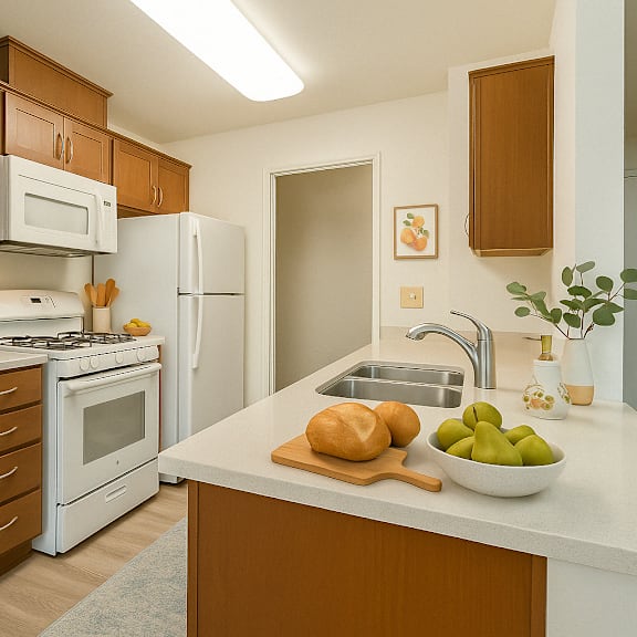 a kitchen with brown cabinets and white appliances at oak center apartments, california, 94607