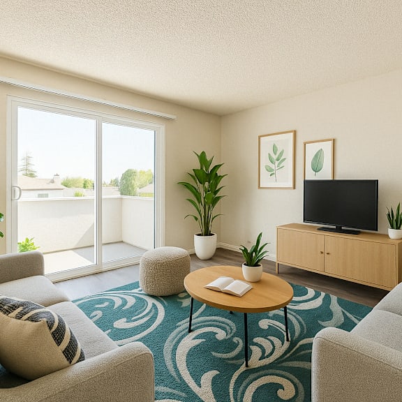 a living room with a grey couch, a coffee table, a television, and a plant at oak center apartments, oakland