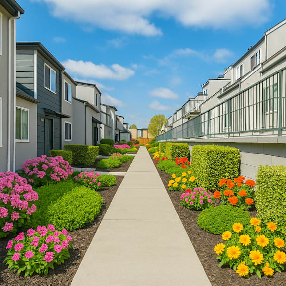 a row of houses with a sidewalk and flower beds in front at oak center apartments, california