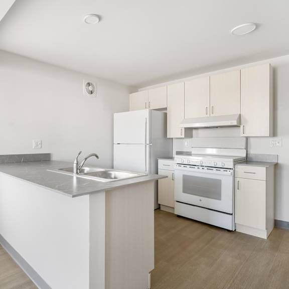 a kitchen with white appliances and a marble countertop at poplar place apartments, springfield
