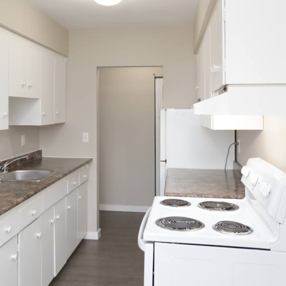 a kitchen with white cabinets and a granite countertop.