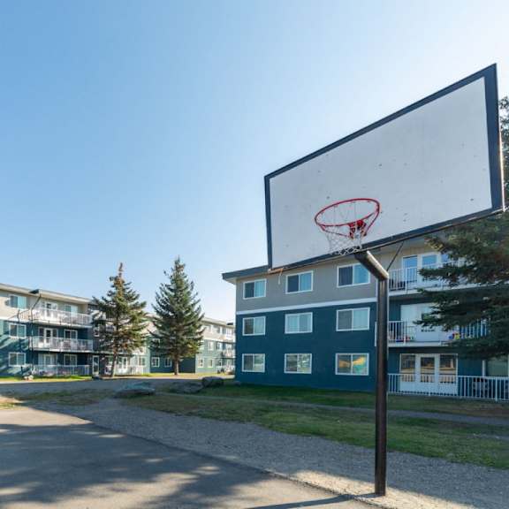 a basketball hoop is in the foreground of a residential area with apartment buildings in the background.