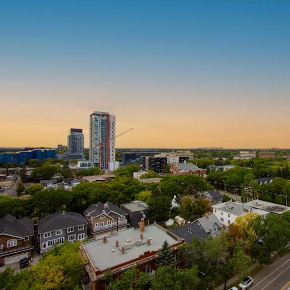 a cityscape with buildings and trees is visible from a high vantage point.