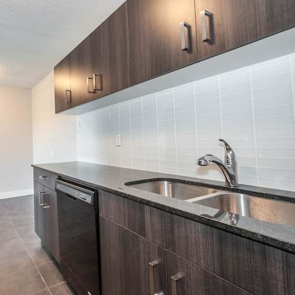 a kitchen with a black refrigerator and a stainless steel sink.