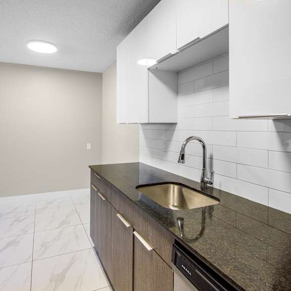a modern kitchen with a stainless steel stove and a dark countertop.