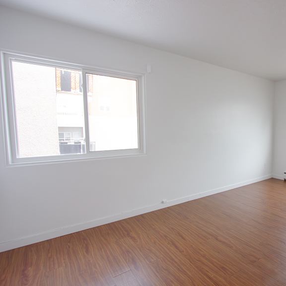 empty room with wooden floor and two windows.