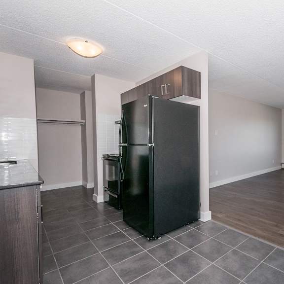 a black refrigerator is in the corner of a kitchen.