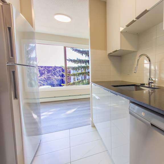 a kitchen with a stainless steel dishwasher and a refrigerator.