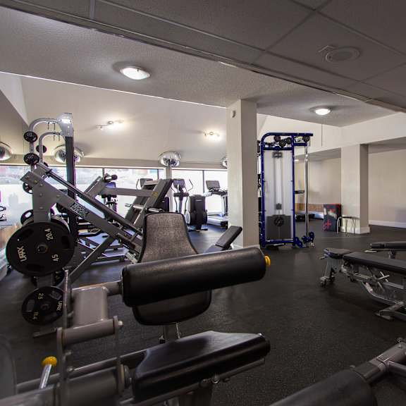 a gym with a variety of equipment including weights and machines.