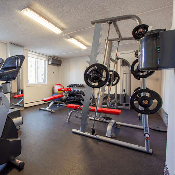 a home gym with a treadmill, exercise bike, and weights.
