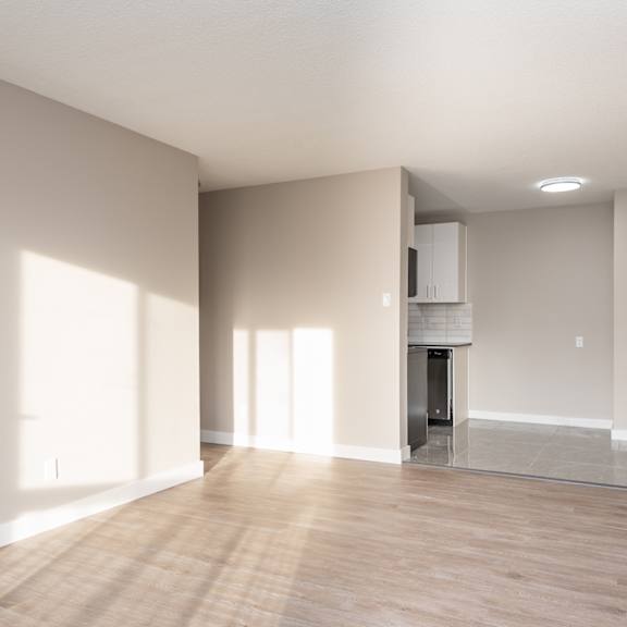 a spacious room with a fireplace and a built-in cabinet.