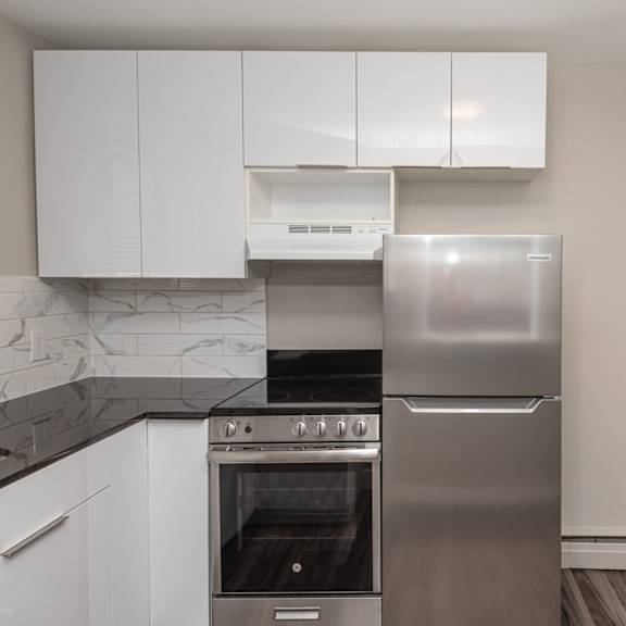 a modern kitchen with a stainless steel refrigerator, oven, and range hood.