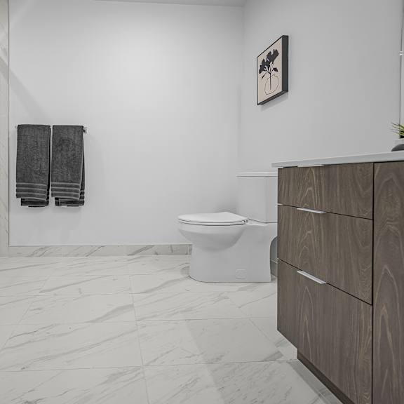 a bathroom with a toilet, a cabinet, and a plant.