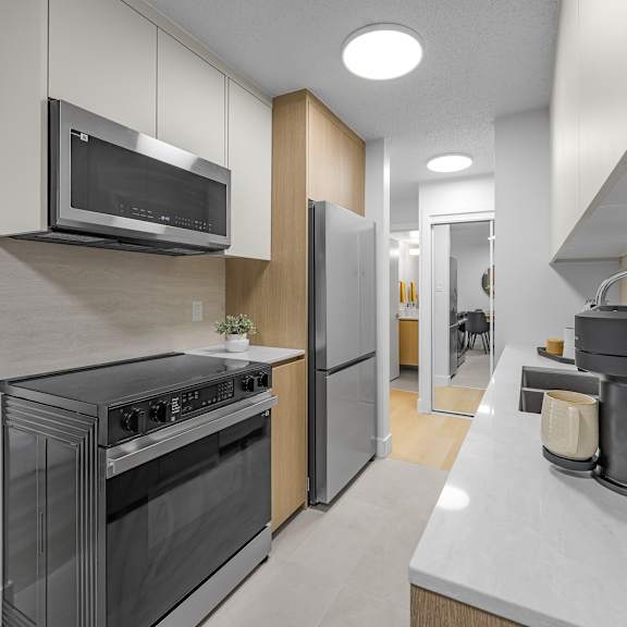 a modern kitchen with black appliances and a grey countertop.