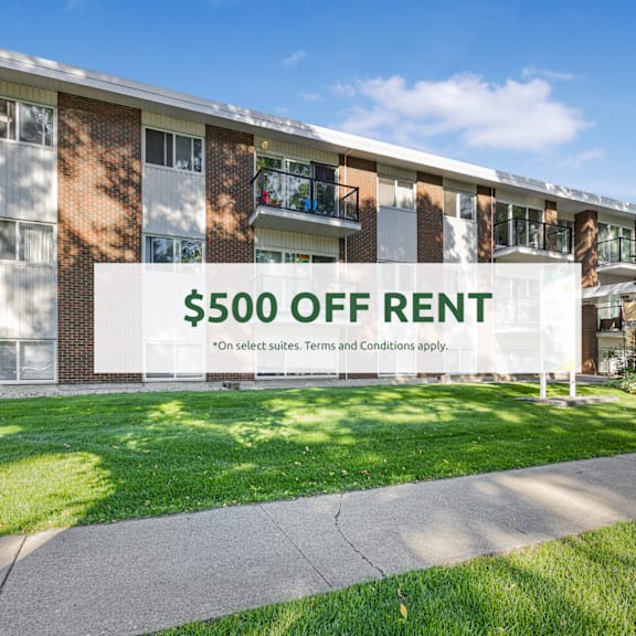 a building with a sign that says "$500 off rent".