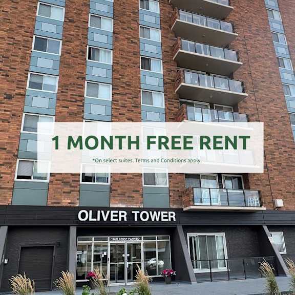 oliver tower building with a sign offering a free one month rent.