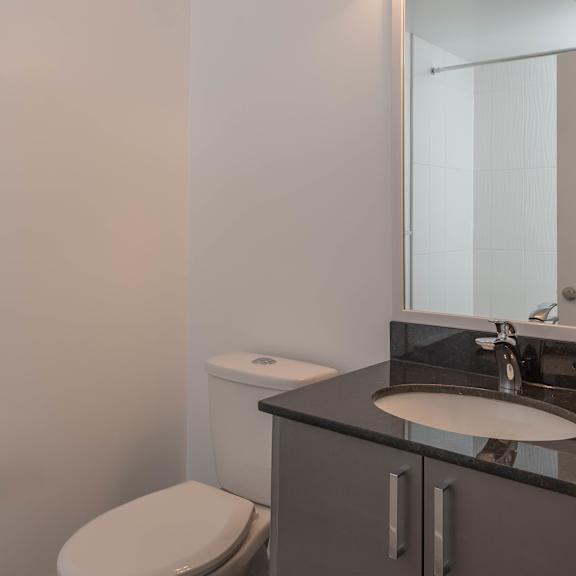 a bathroom with a toilet, sink and mirror.