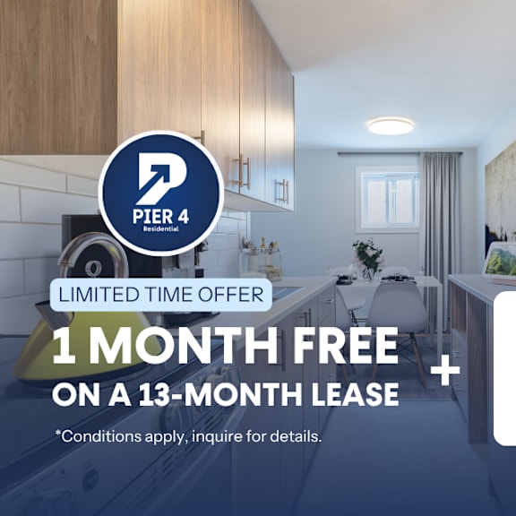 a promotional image for pier 4 residential offering a free month on a 13-month lease and a $500 gift card.