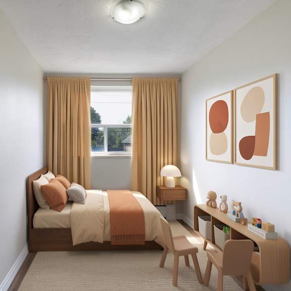 a bedroom with a bed, desk, and chair.