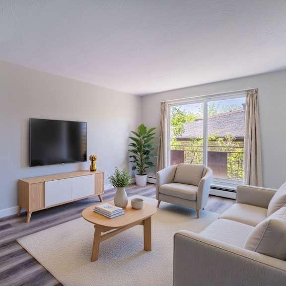 a living room with a television, sofa, and coffee table.