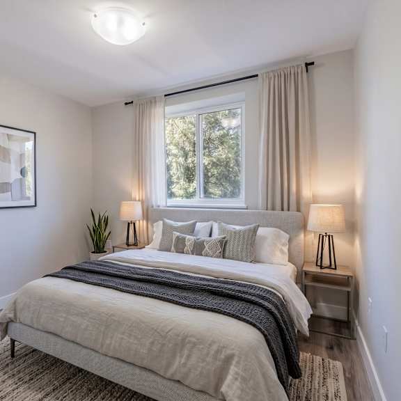 a bedroom with a large bed and a window with curtains.