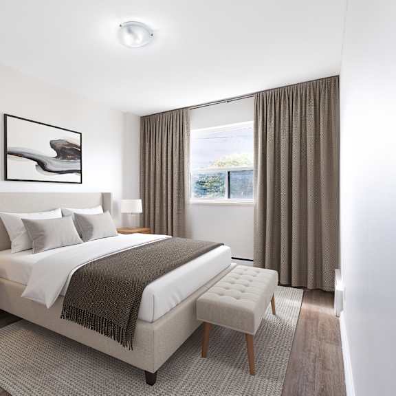 a bedroom with a large bed, a nightstand with a lamp, and a window with curtains.