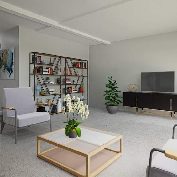 a living room with a grey chair, a glass coffee table, a grey sofa, a television, and a plant.