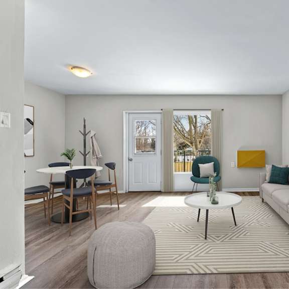 a living room with a grey couch, a coffee table, and a rug.