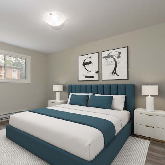 a bedroom with a large bed, nightstands, and a window.