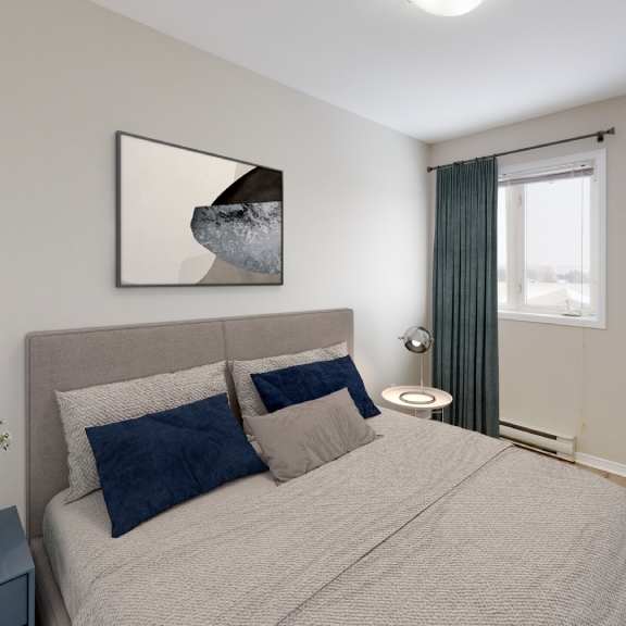 a bedroom with a bed, nightstand, and a painting on the wall.