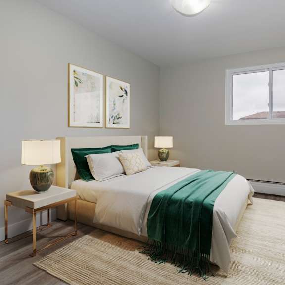 a bedroom with a bed, nightstands, and a window.