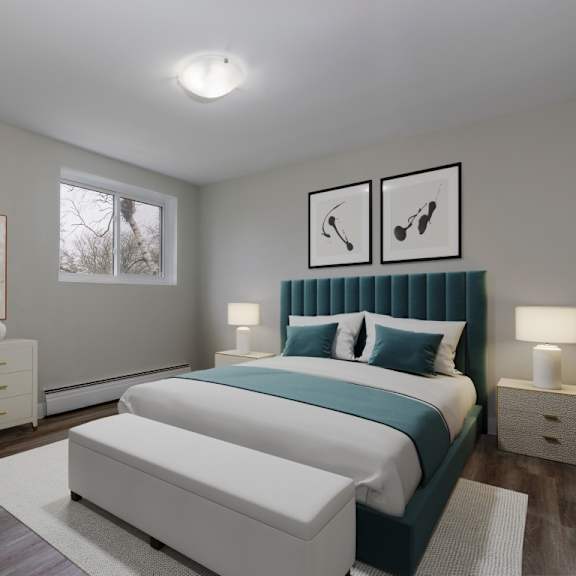 a bedroom with a large bed and a painting on the wall.