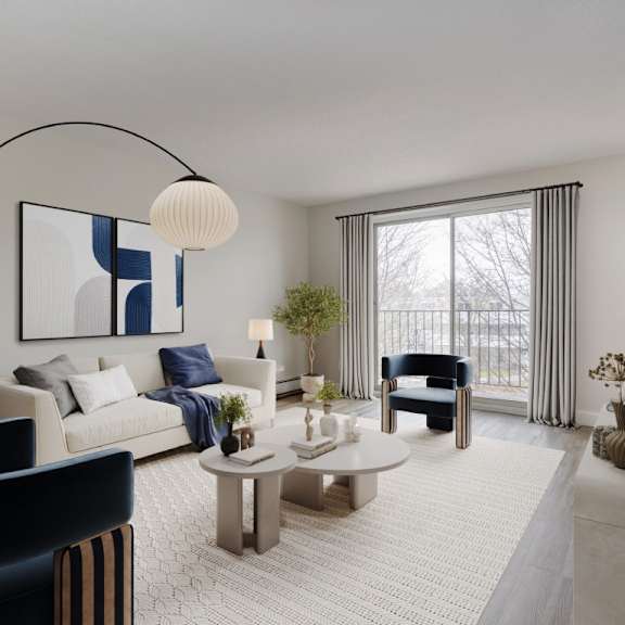 a modern living room with a large window and a blue chair.