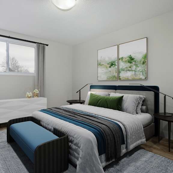 a bedroom with a large bed and a window with curtains.